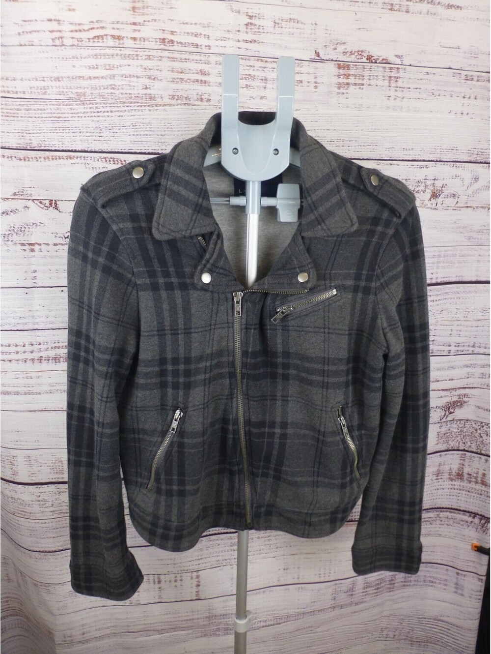 American Eagle Outfitters Women's L Plaid Biker Jacket Full Zip Cotton Grey G5